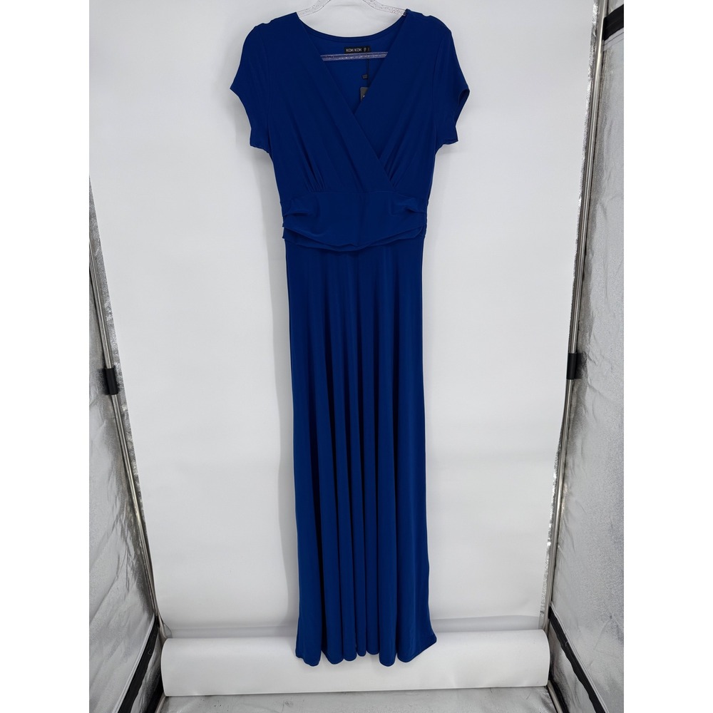 Koh Koh Womens Short Sleeve V-Neck Flowy Maxi Dress Cobalt Blue Sz L